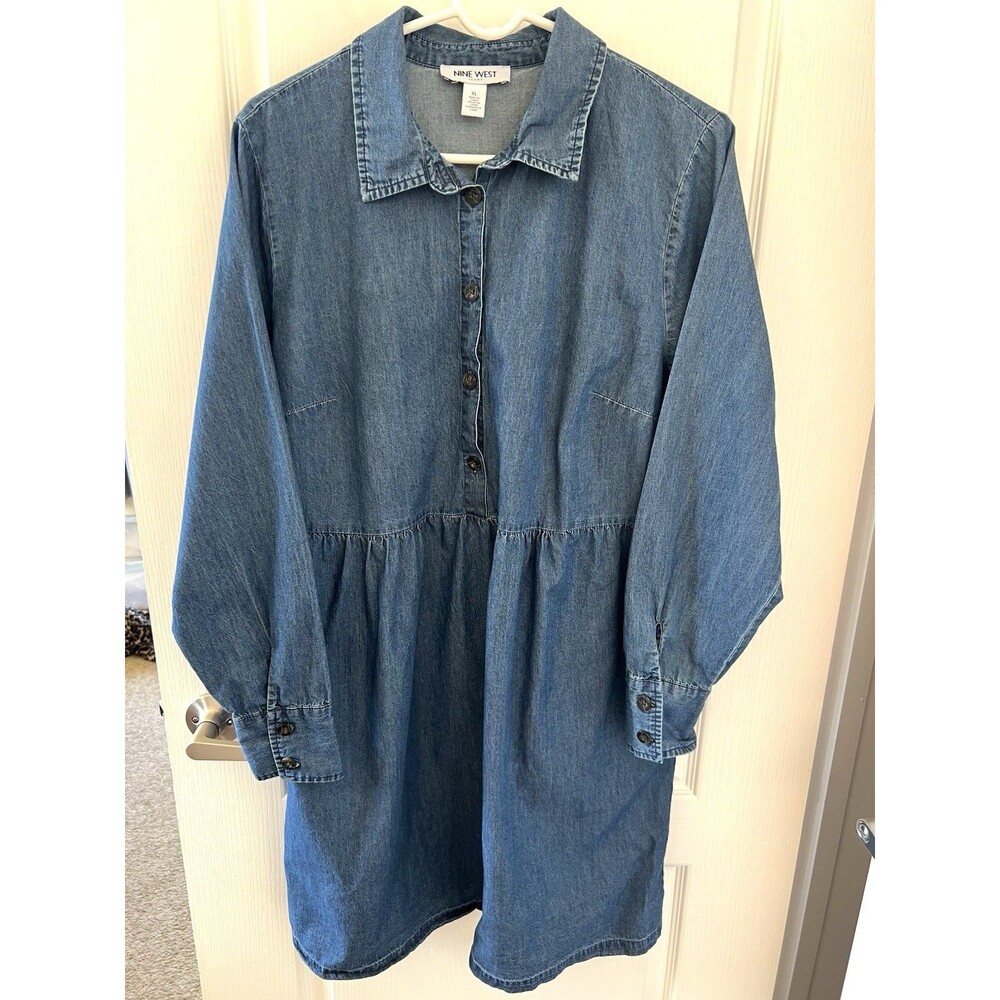 Nine West Women's Lightweight Pockets Denim Shirt Dress Sz XL 100% Cotton Casual